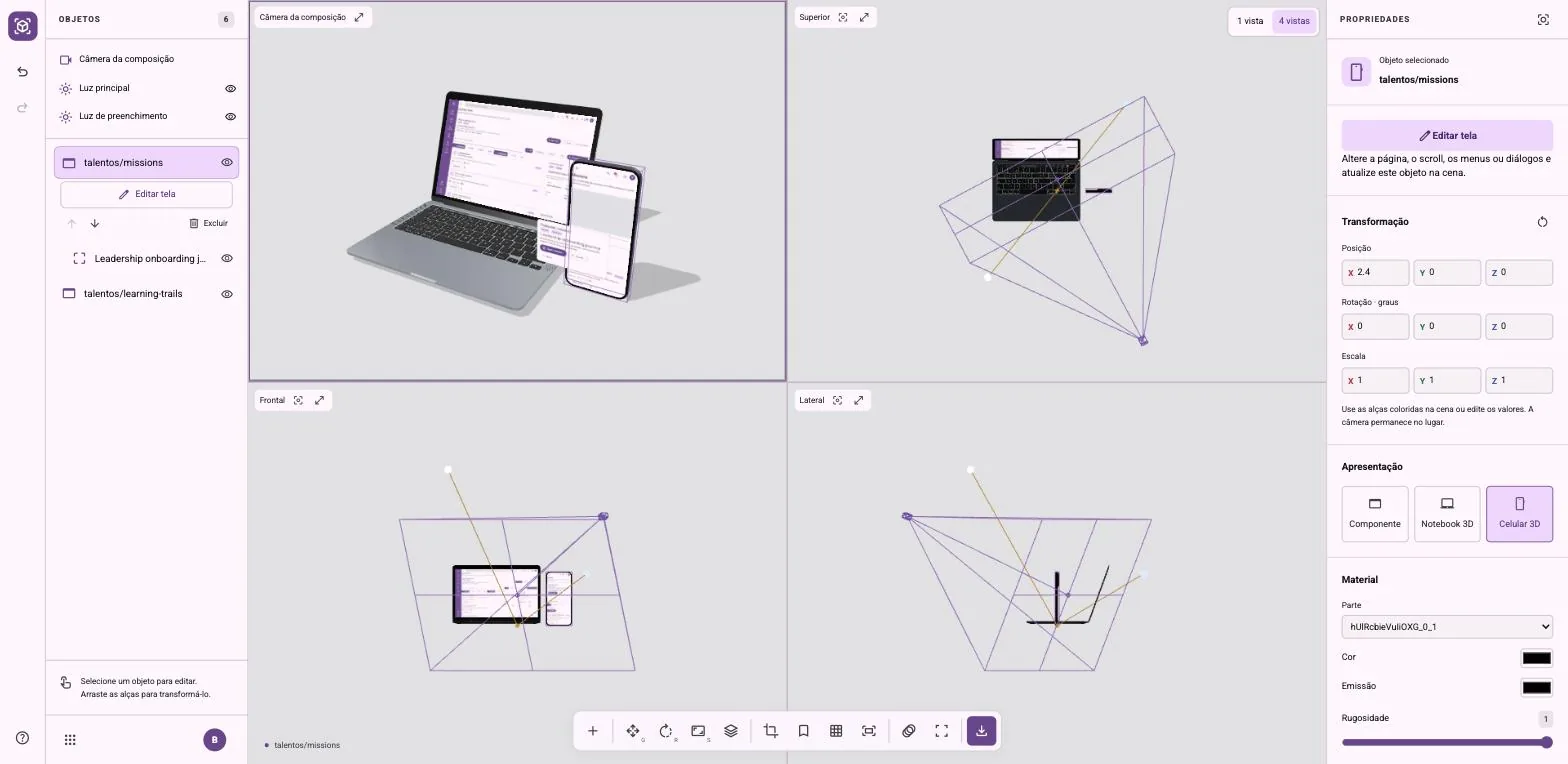 Interface dividida em quatro quadros. O superior esquerdo mostra um notebook e um celular renderizados; os outros mostram as vistas superior, frontal e lateral, com a câmera desenhada em linhas roxas. À esquerda, a lista de objetos; à direita, as propriedades do celular.