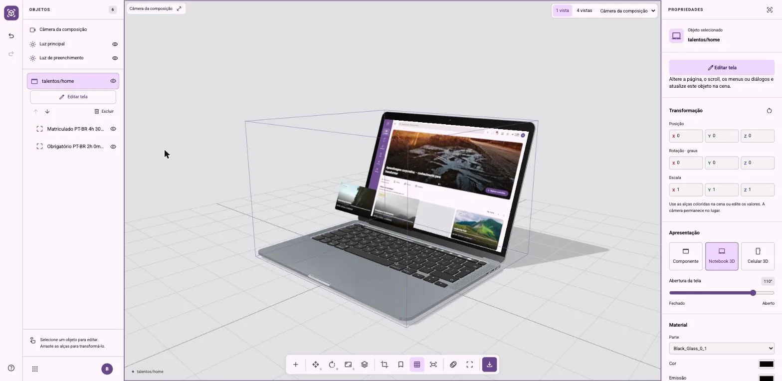 Captura da ferramenta com painel de objetos à esquerda, notebook 3D no centro com cards elevados e painel de propriedades à direita, com os botões Componente, Notebook 3D e Celular 3D.