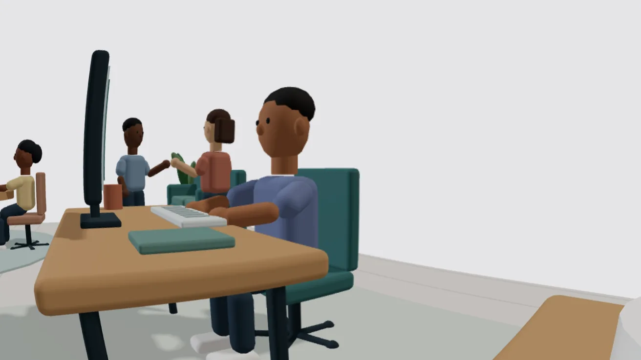 O mesmo personagem sentado à mesa, com o monitor à esquerda curvado e as linhas do ambiente distorcidas pela lente de campo amplo.