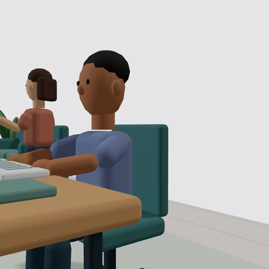 O personagem de camiseta azul sentado à mesa, em corte quadrado.
