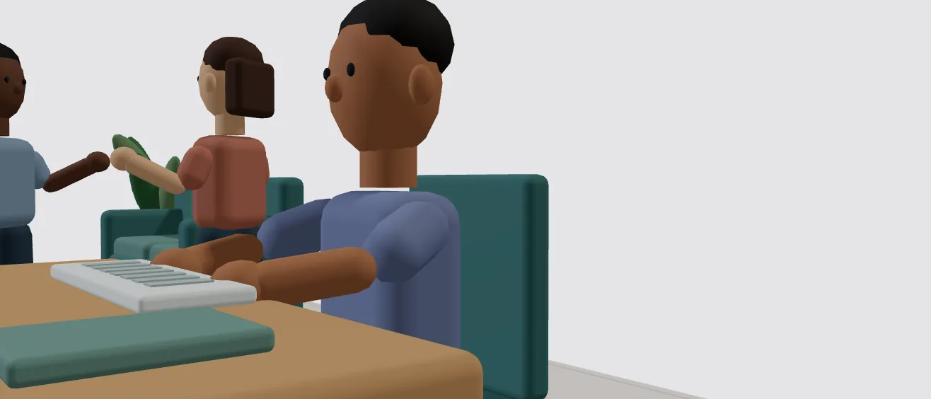 O personagem de camiseta azul sentado à mesa, em corte panorâmico.