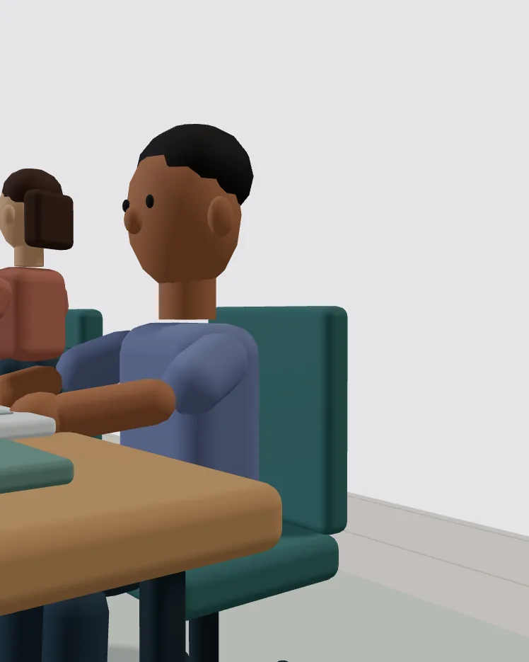 O personagem de camiseta azul sentado à mesa, em corte retrato.