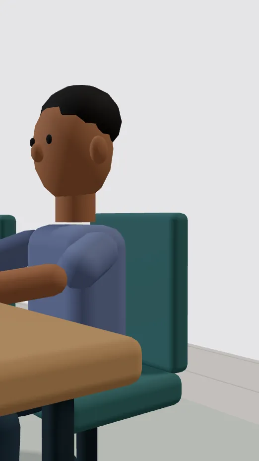 O personagem de camiseta azul sentado à mesa, em corte vertical.