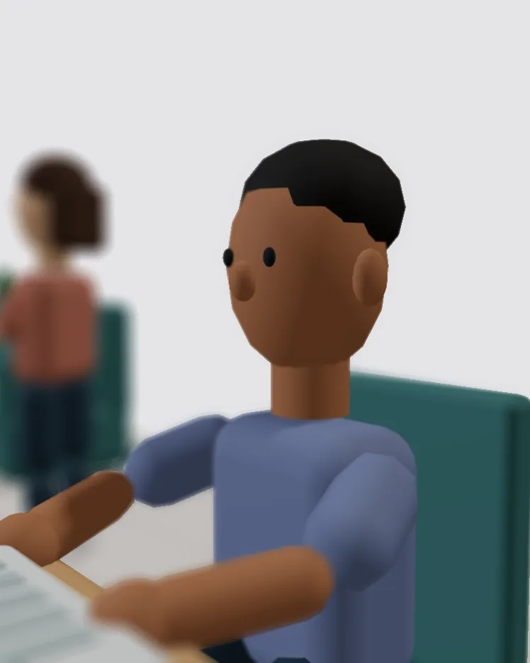 Close do rosto e ombros de um personagem 3D de camiseta azul, com uma mulher de camiseta terracota desfocada ao fundo.