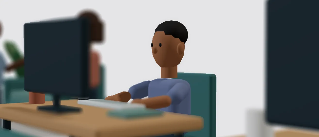 Cena panorâmica de um escritório em 3D: um homem de camiseta azul sentado à mesa, nítido, digitando; à esquerda, um monitor escuro e uma colega desfocados; à direita, outro monitor em primeiro plano, também desfocado.