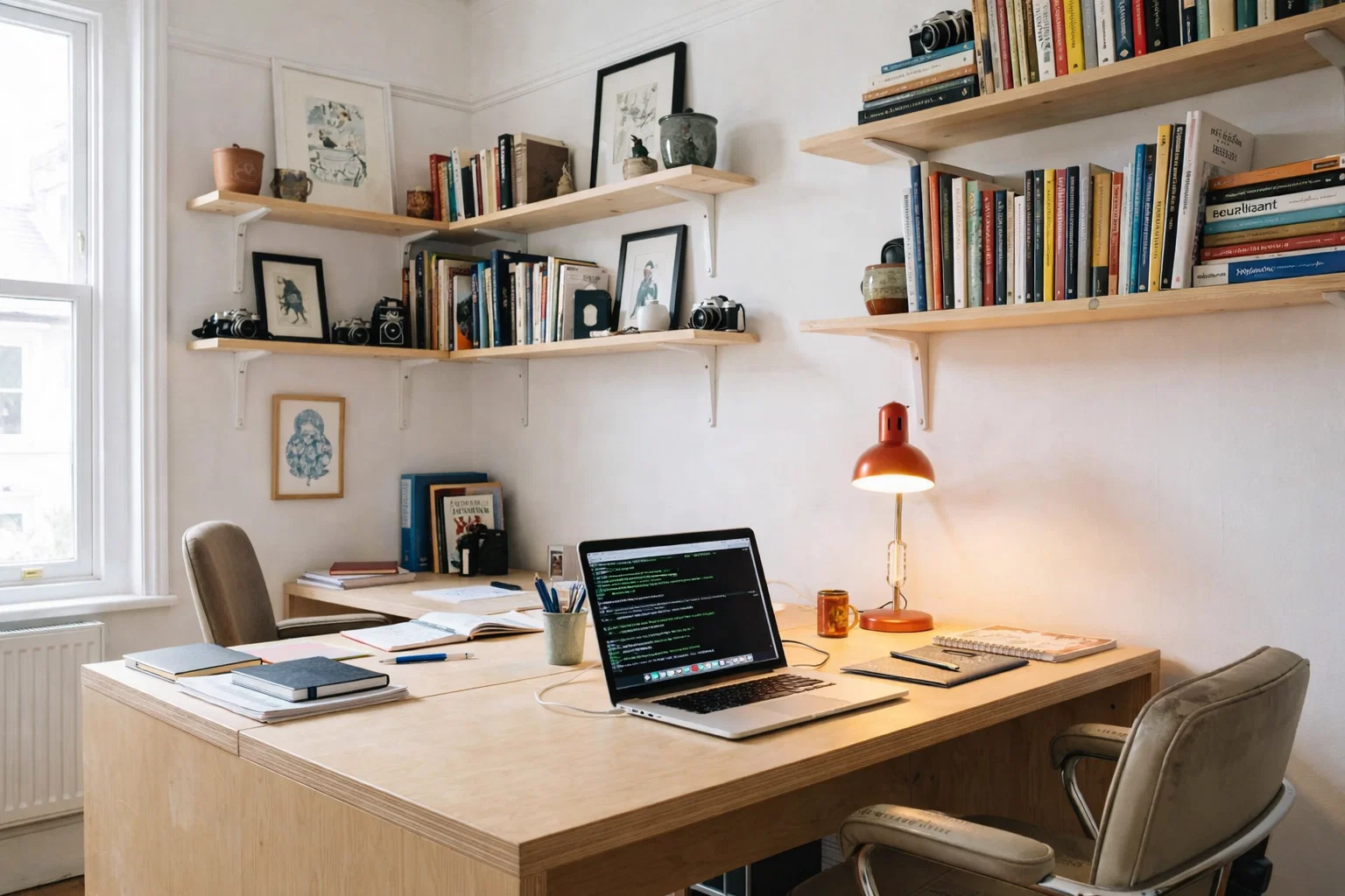 Escritorio com mesa de madeira, prateleiras com livros e notebook exibindo um terminal de comando em atmosfera editorial
