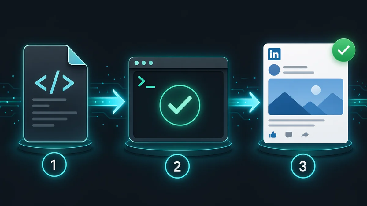 Pipeline de etapas: arquivo HTML, comandos no terminal com sucesso, e posts publicados no LinkedIn e no Instagram