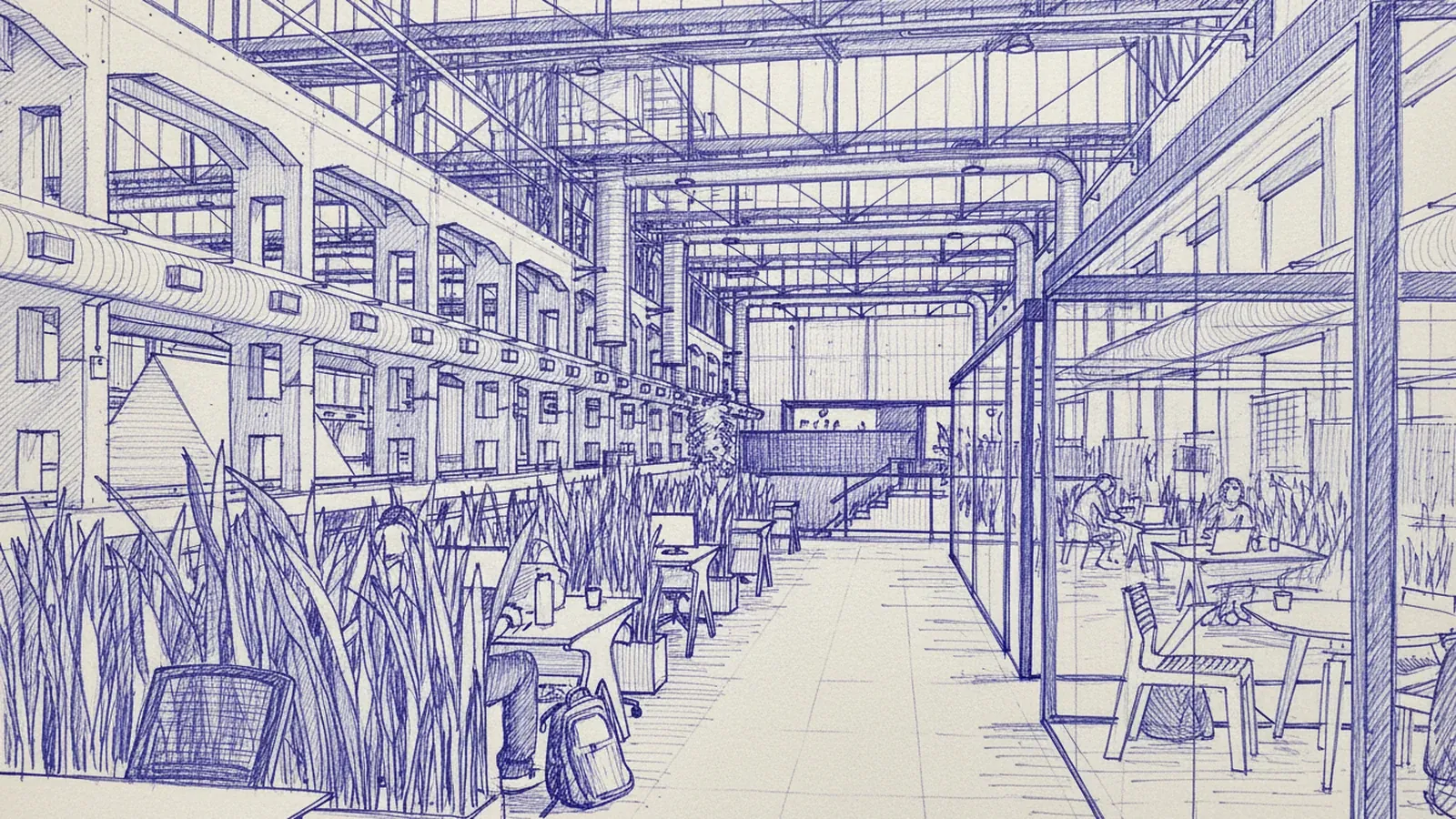 Ilustração em caneta esferográfica do corredor interno do STATE Innovation Center, galpão industrial reformado com estrutura metálica aparente, mesas de trabalho e plantas altas