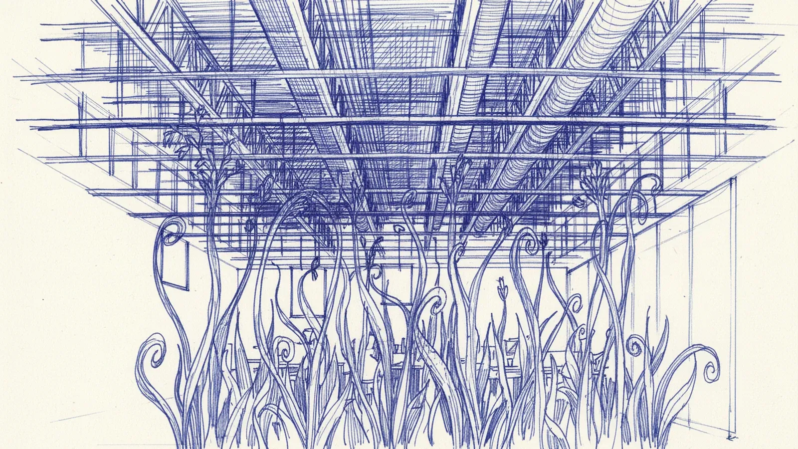 Ilustração conceitual em caneta esferográfica inspirada na arquitetura do STATE: uma grade rígida de vigas de aço no alto se dissolve, na parte de baixo, em plantas orgânicas que rompem e torcem as linhas retas