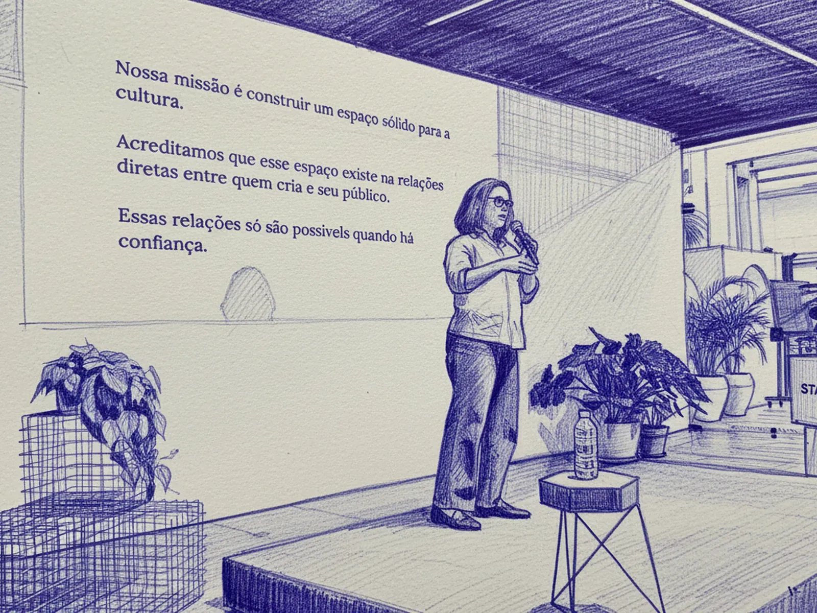 Ilustração em caneta esferográfica de Gaia Passarelli, do Substack, palestrando sobre autenticidade e microcomunidades no STATE