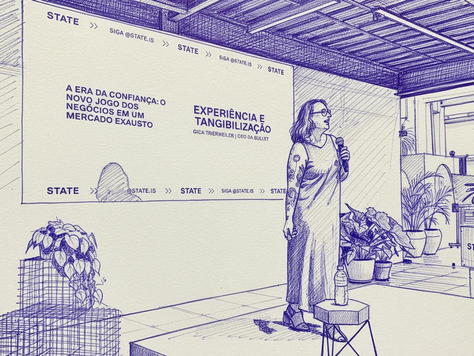 Ilustração em caneta esferográfica de Gica Trierweiler, da Bullet, palestrando sobre experiência e tangibilização no STATE