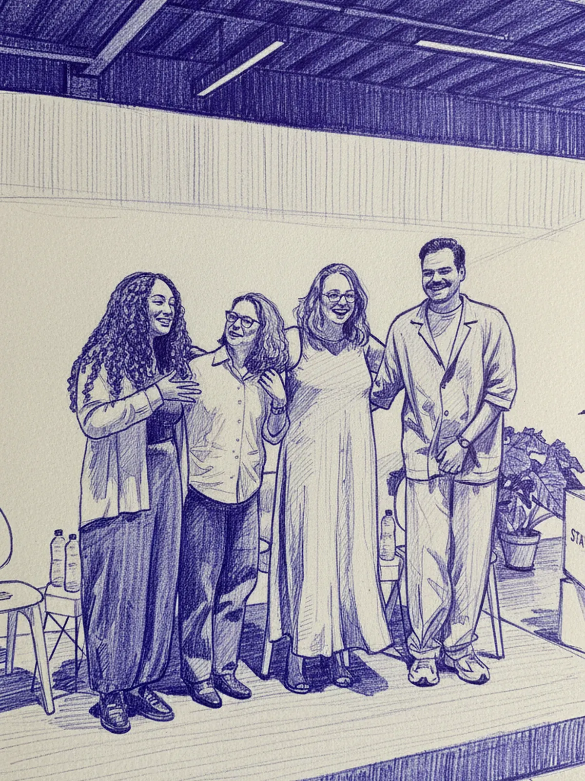 Ilustração em caneta esferográfica dos quatro participantes do painel — Dandara Fonseca, Gaia Passarelli, Gica Trierweiler e Marcel Sampaio — posando juntos no palco do STATE ao final do evento