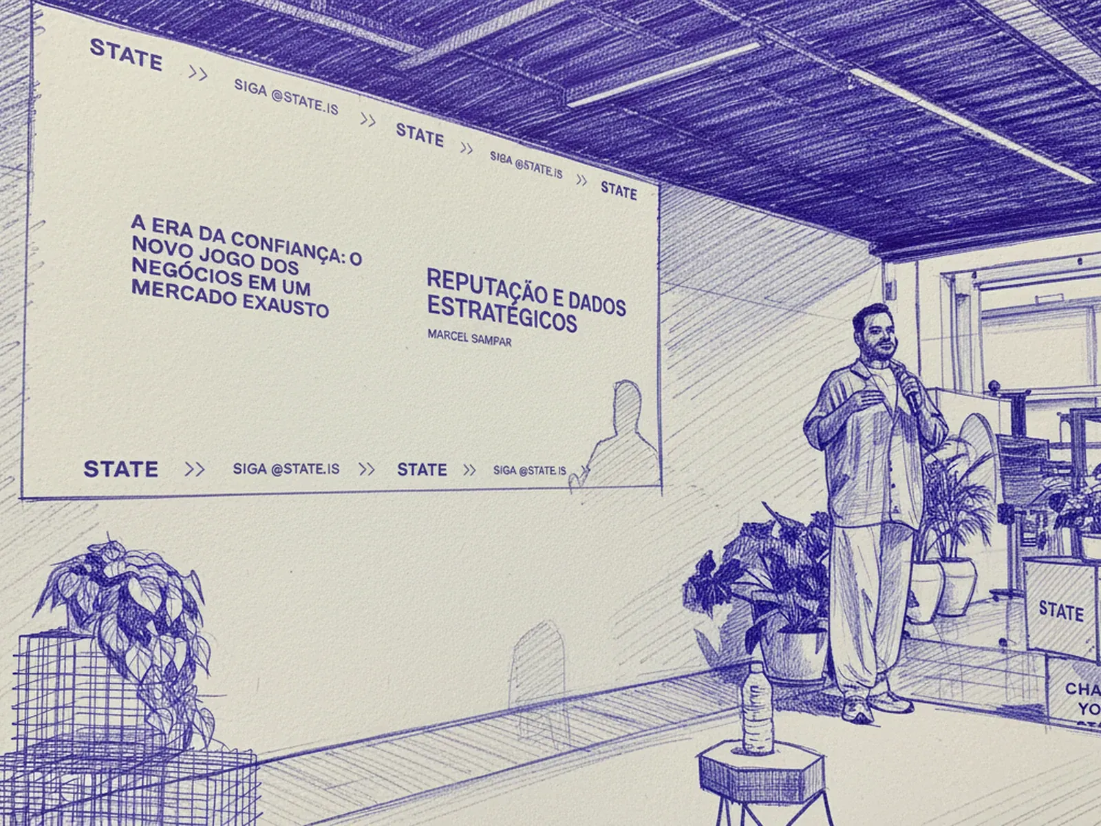 Ilustração em caneta esferográfica de Marcel Sampaio, da Edelman Brasil, palestrando sobre reputação e dados estratégicos no STATE