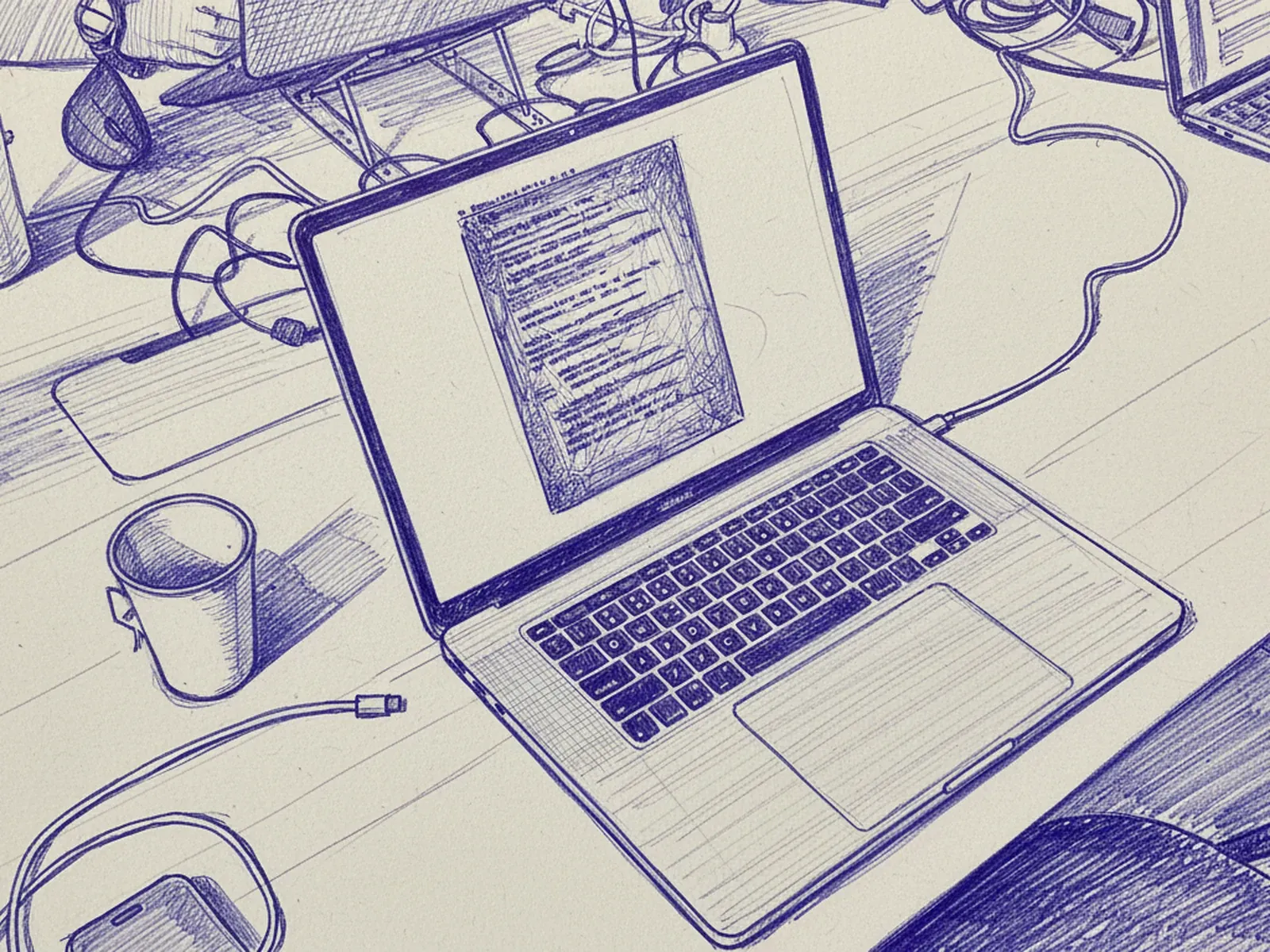 Ilustração em caneta esferográfica do notebook aberto sobre a mesa de trabalho no STATE, com o rascunho deste texto na tela, copo de chá e cabos ao redor