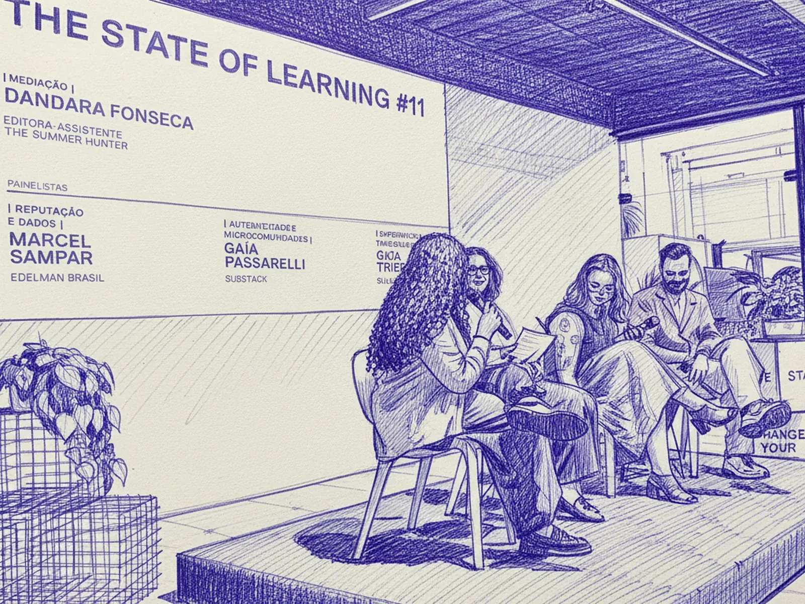 Ilustração em caneta esferográfica do painel "cruzando os pontos" do THE STATE OF LEARNING #11, com Dandara Fonseca mediando Marcel Sampaio, Gaia Passarelli e Gica Trierweiler