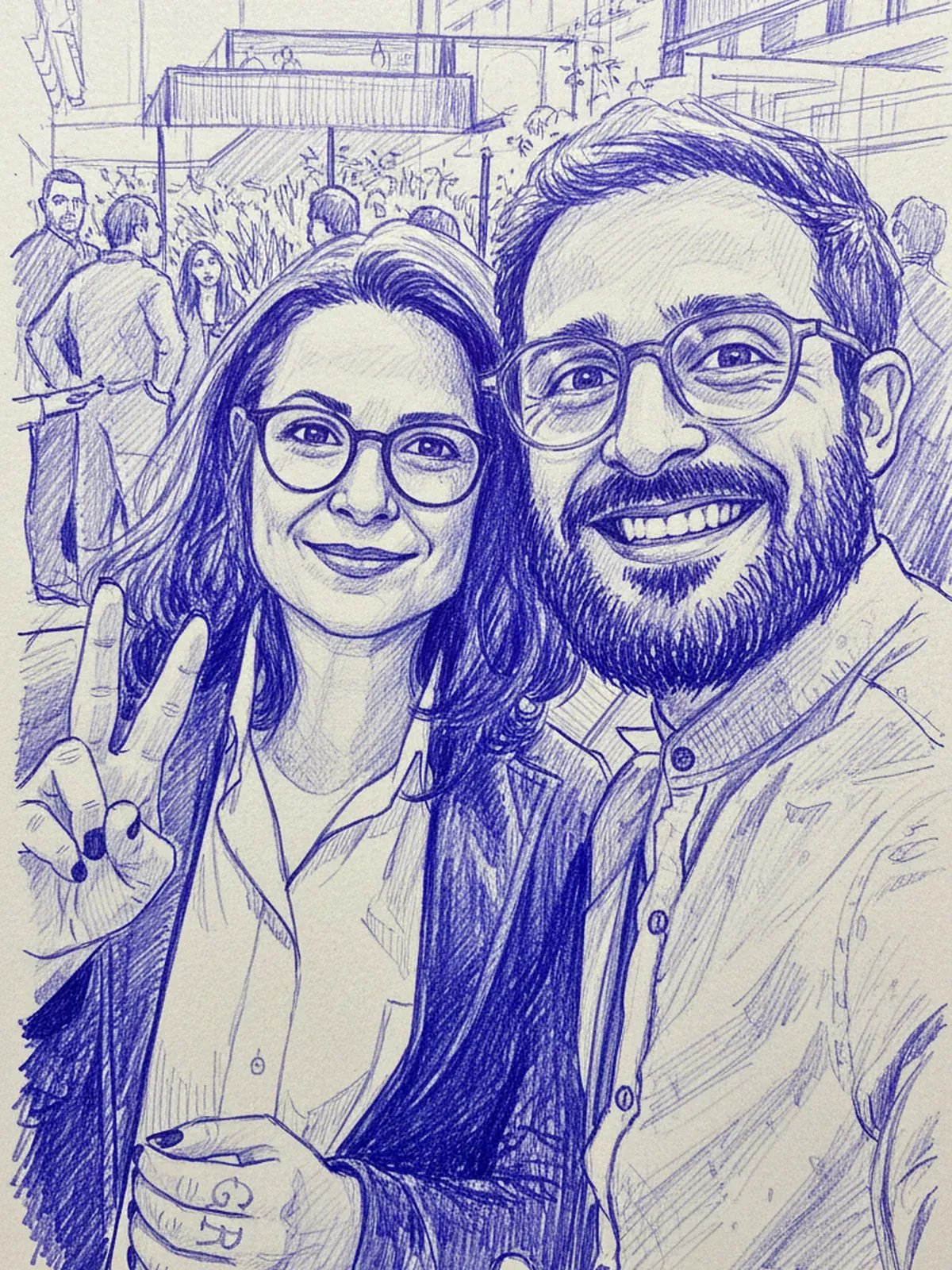 Ilustração em caneta esferográfica de uma selfie com Gaia Passarelli no STATE, os dois sorrindo, ela fazendo sinal de paz com a mão