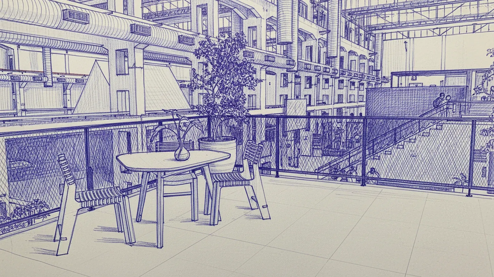 Ilustração em caneta esferográfica de uma mesinha de madeira vazia no terraço do STATE, com uma planta ao lado e a estrutura industrial do prédio ao fundo