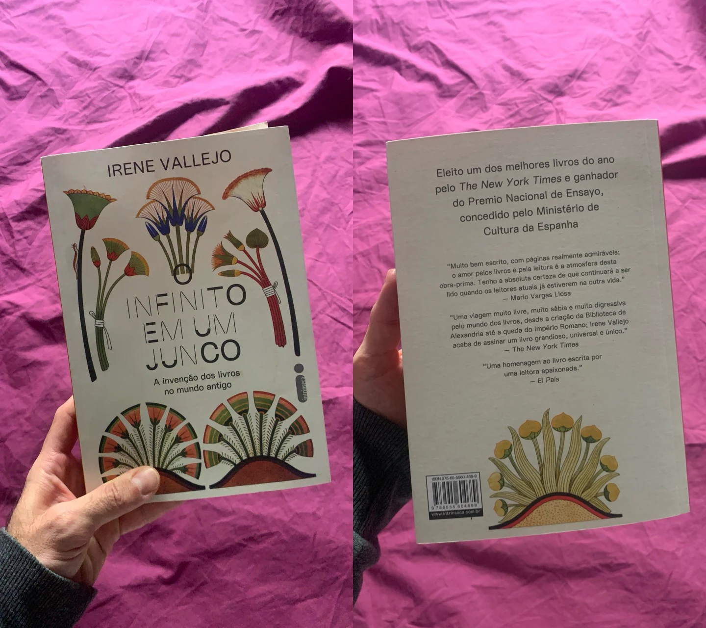 Montagem horizontal com a capa e a contracapa do livro O infinito em um junco, fotografadas à mão sobre uma colcha rosa.