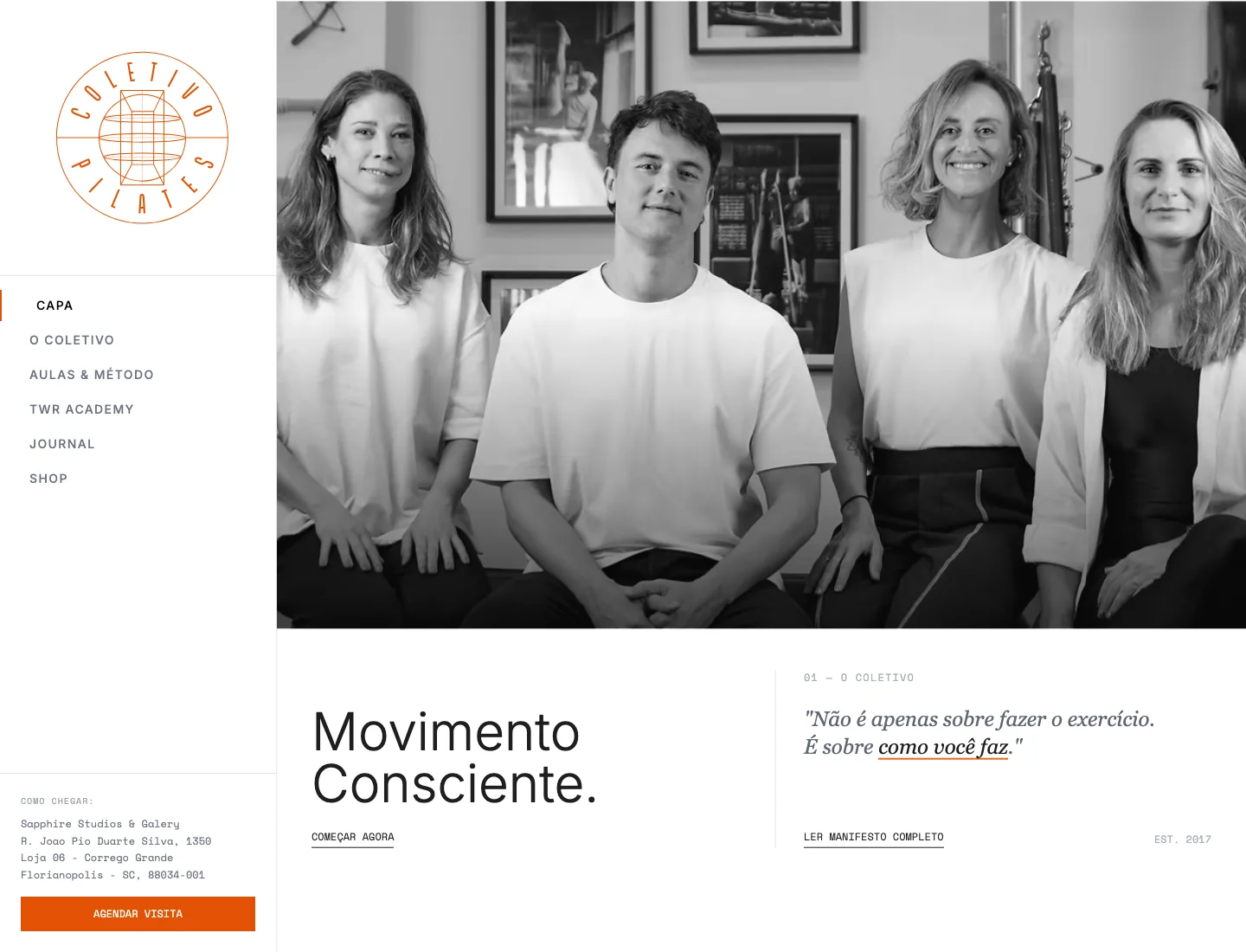 Página inicial do site Coletivo Pilates com navegação lateral, fotografia em preto e branco e chamada Movimento Consciente