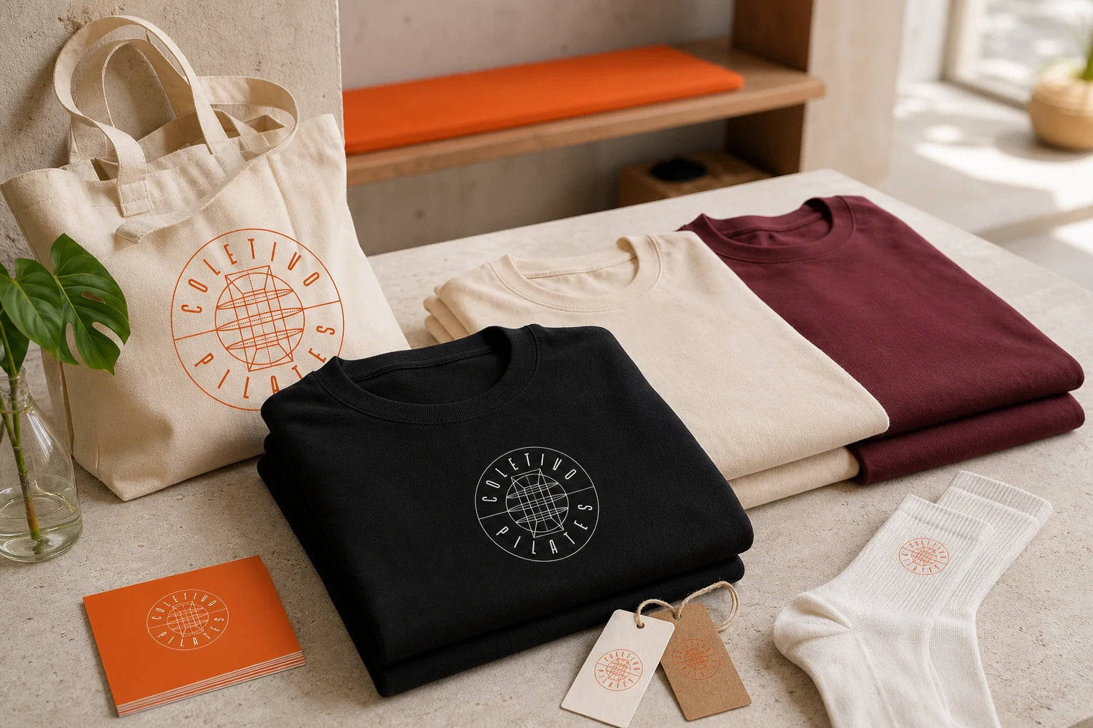 Mockup editorial de camisetas, tote bag, meias, tags e cartões com aplicações da marca Coletivo Pilates