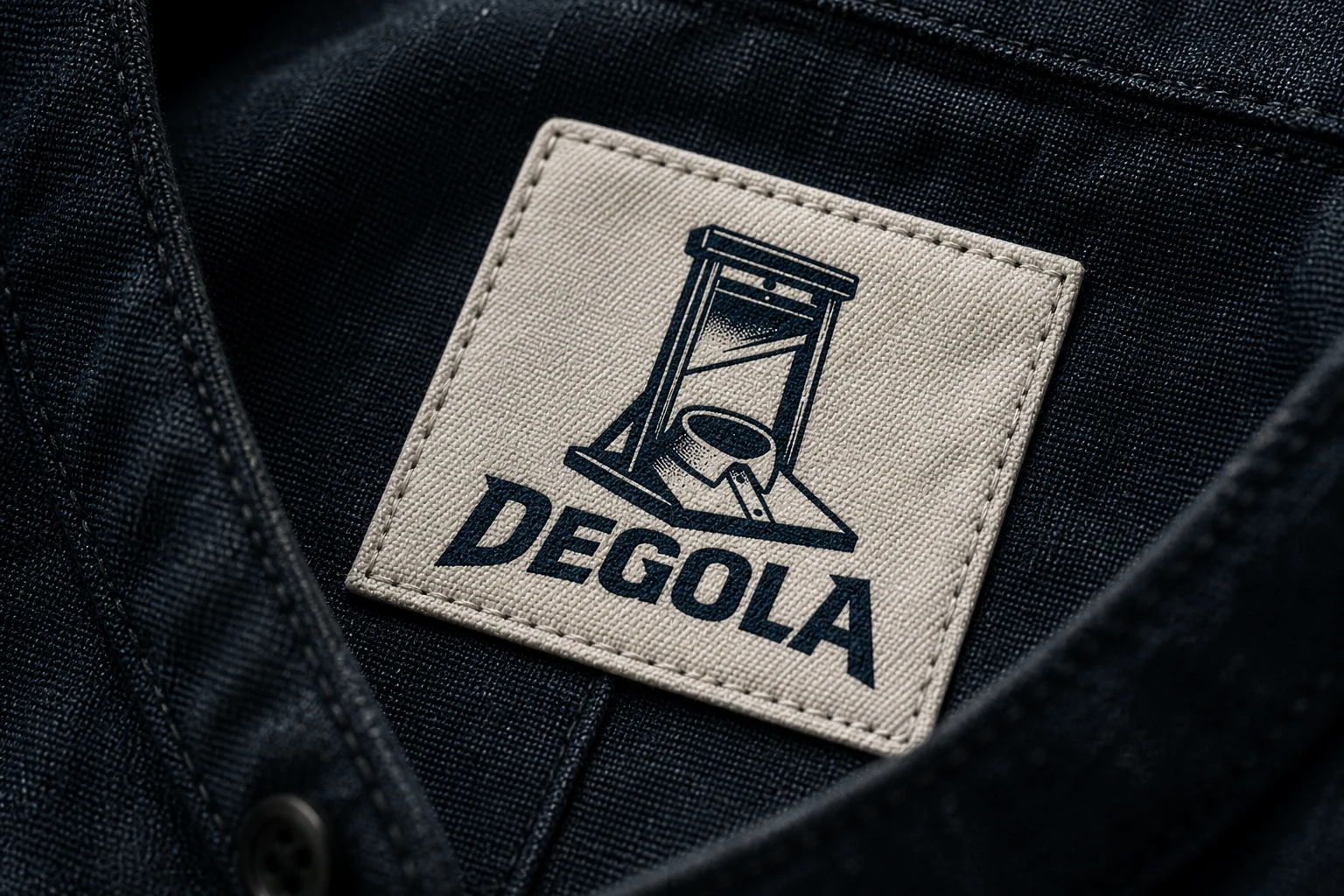 Identidade visual da Degola — logotipo e aplicações em petro e branco