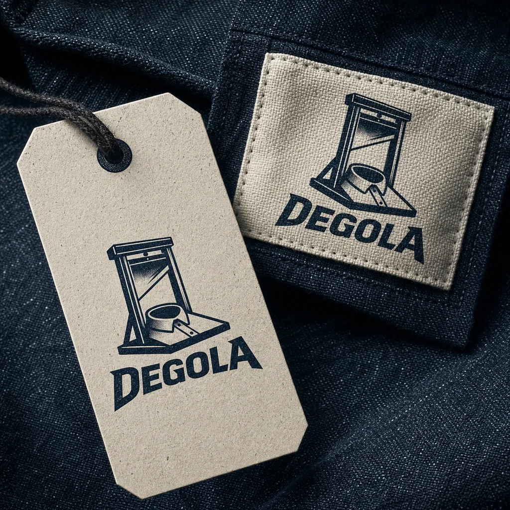 Etiqueta e label têxtil da marca Degola com textura de tecido e acabamento oldschool
