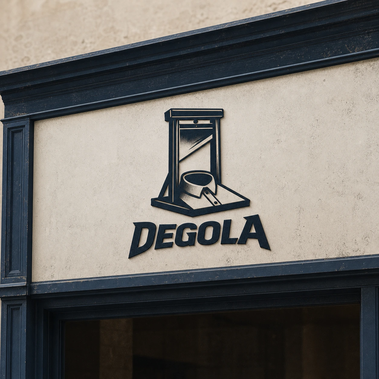 Aplicação da marca Degola em fachada de loja com presença limpa e austera