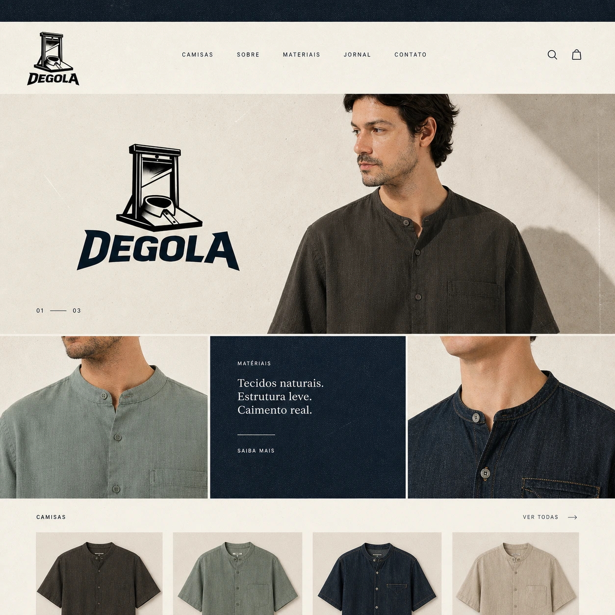 Homepage da Degola com direção de arte de grife fashion e foco no logotipo e no produto