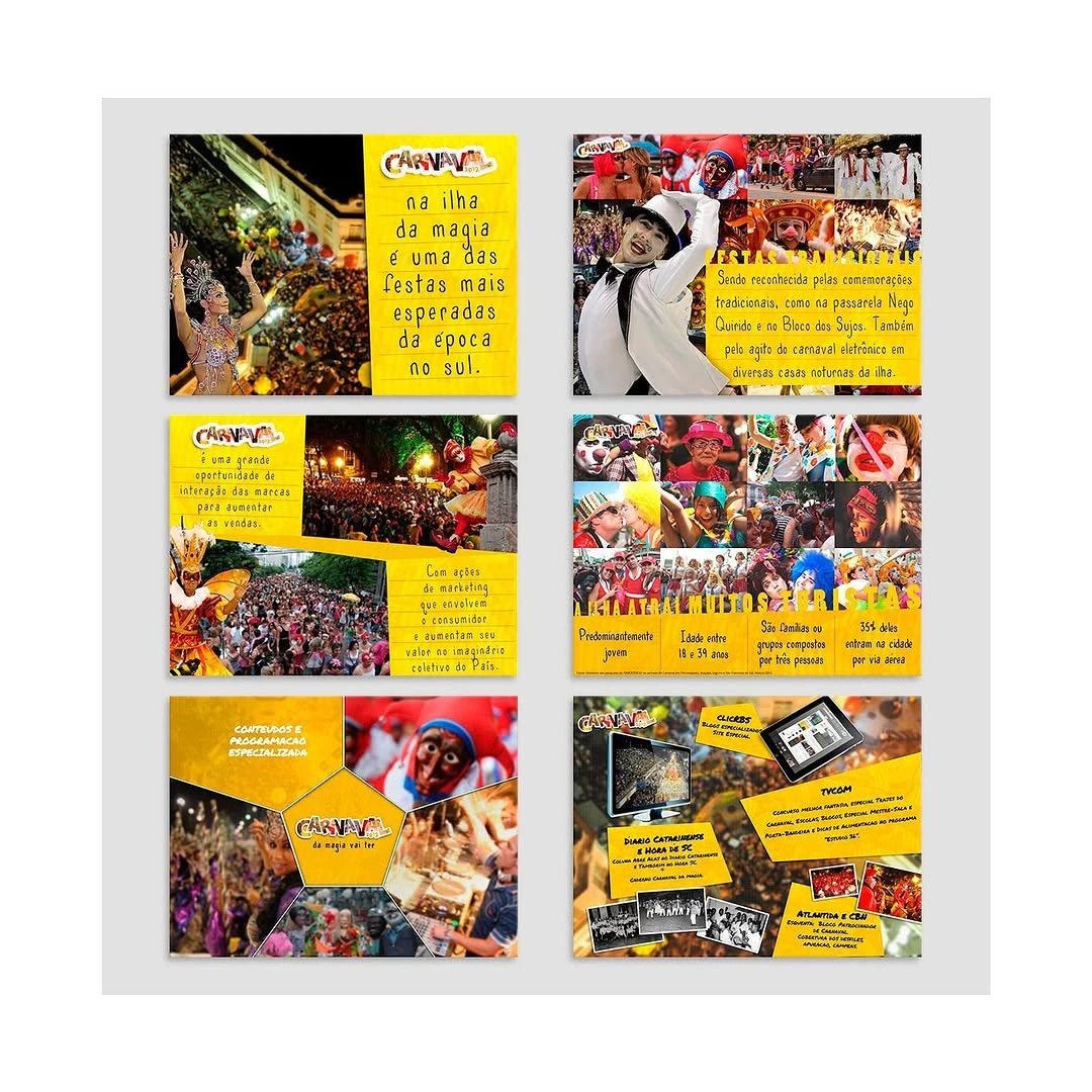 Slides de projeto comercial de Carnaval com dados de audiência e oportunidades de marca