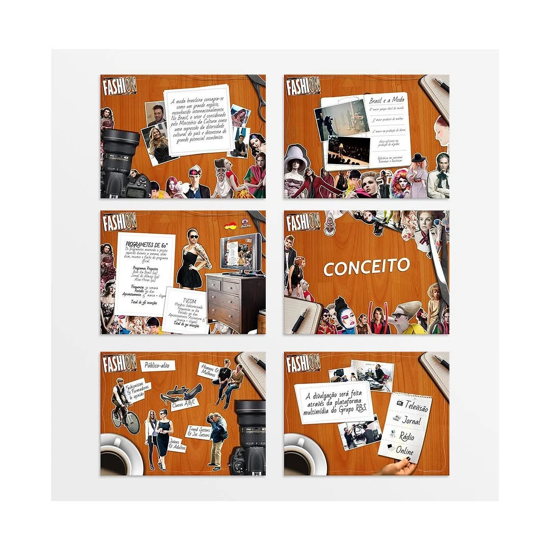 Slides de projeto comercial de moda com conceito, público-alvo e estratégia de mídia