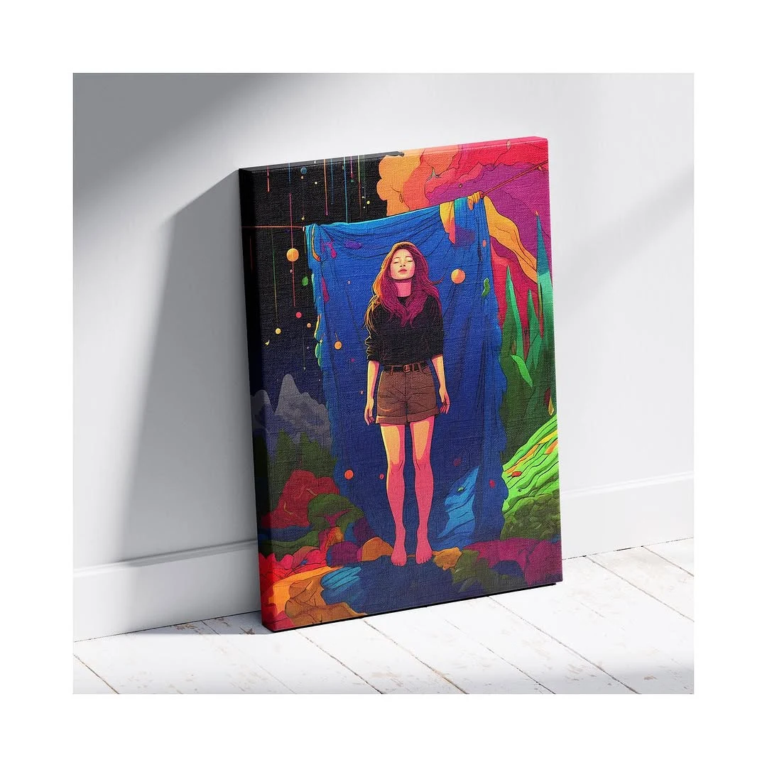 Fluir — ilustração digital com figura feminina suspensa em cenário de cores intensas, em canvas