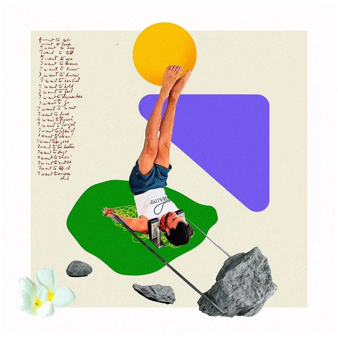Colagem para Guilherme Rocha — figura invertida com pedras, sol dourado e texto manuscrito I want to...