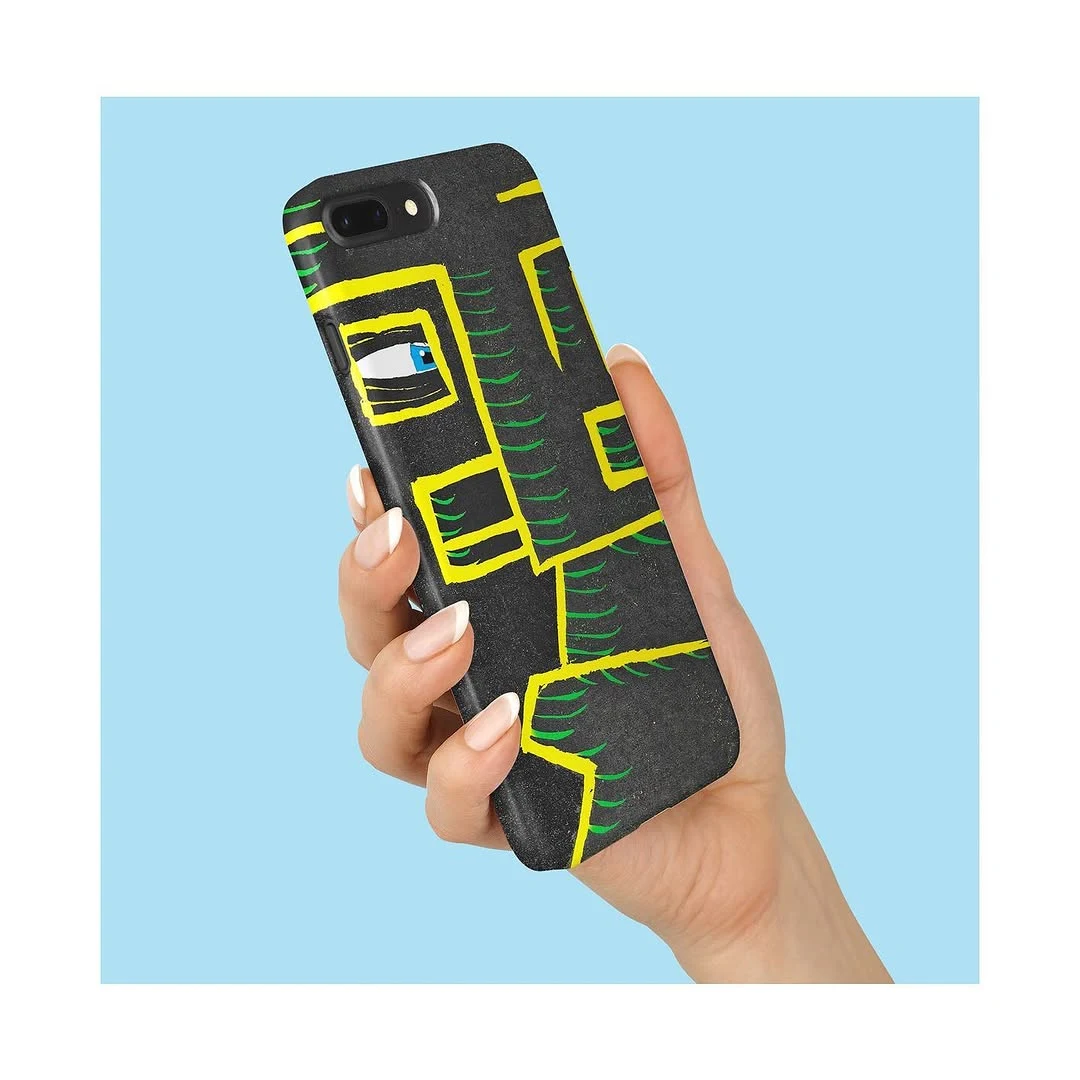 Imprima seu Estilo 3M — mockup de capa de celular com ilustração em preto, amarelo e verde
